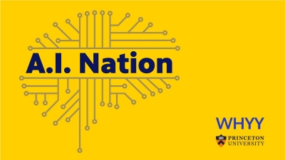 A.I. Nation graphic. A silhouette of a brain made out of circuits on top of a yellow background. 