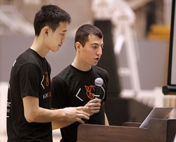 HackPrinceton, a weekend-long event held in Jadwin Gym March 28-30, brought some 500 college students to campus to build hardware and software tools and toys. The event was organized by Princeton undergraduates Hansen Qian (left) and Adam Yabroudi (right) with a committee of student volunteers. (Photo by Frank Wojciechowski for the Office of Engineering Communications)